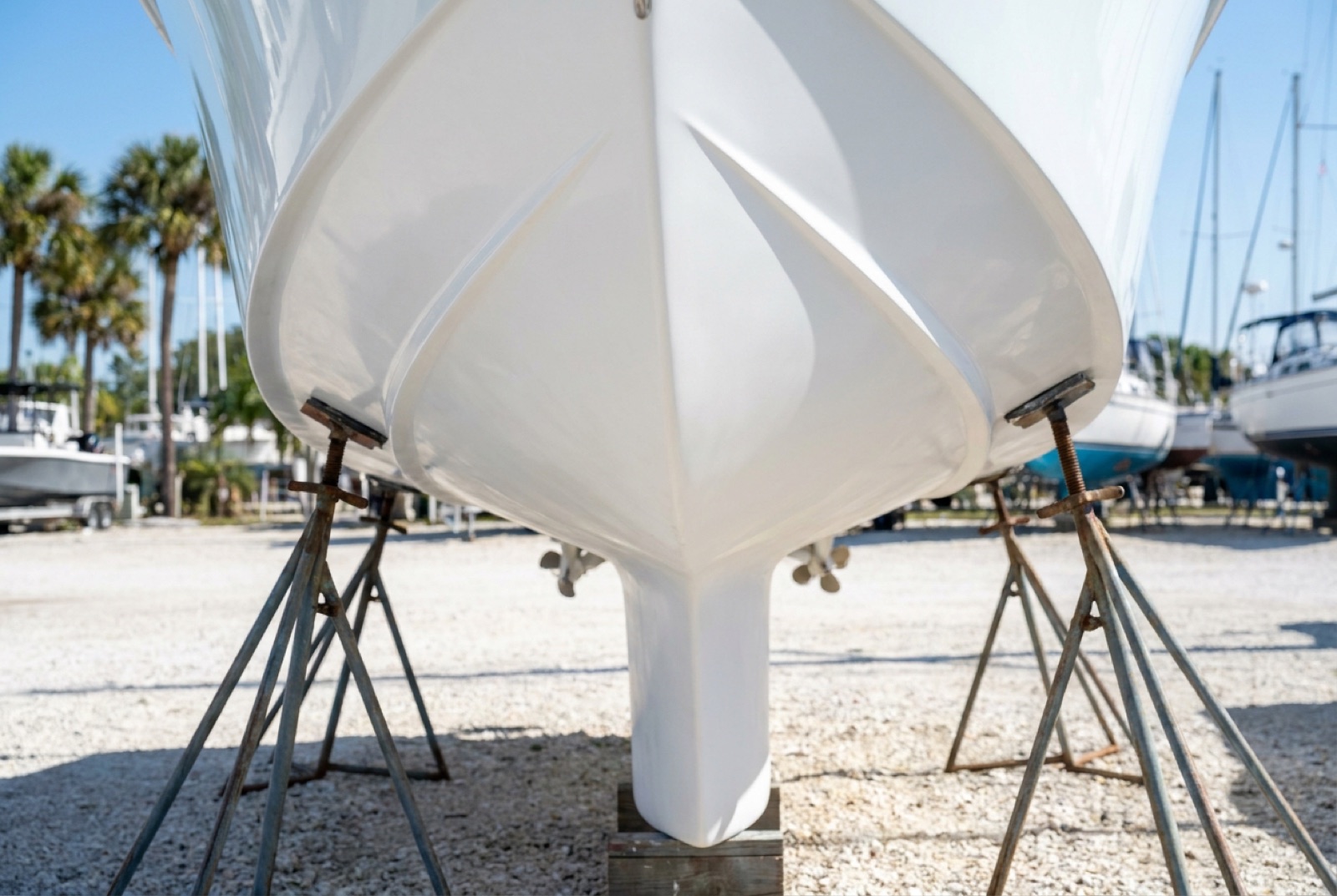 Boat hull after dustless blasting — clean white gelcoat