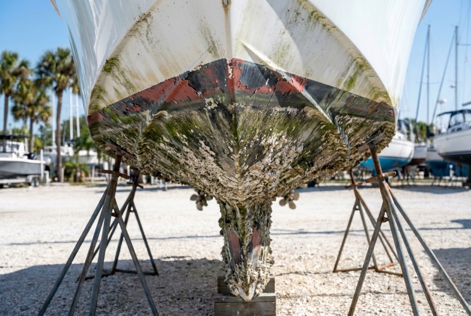 Boat hull before — barnacles and old bottom paint