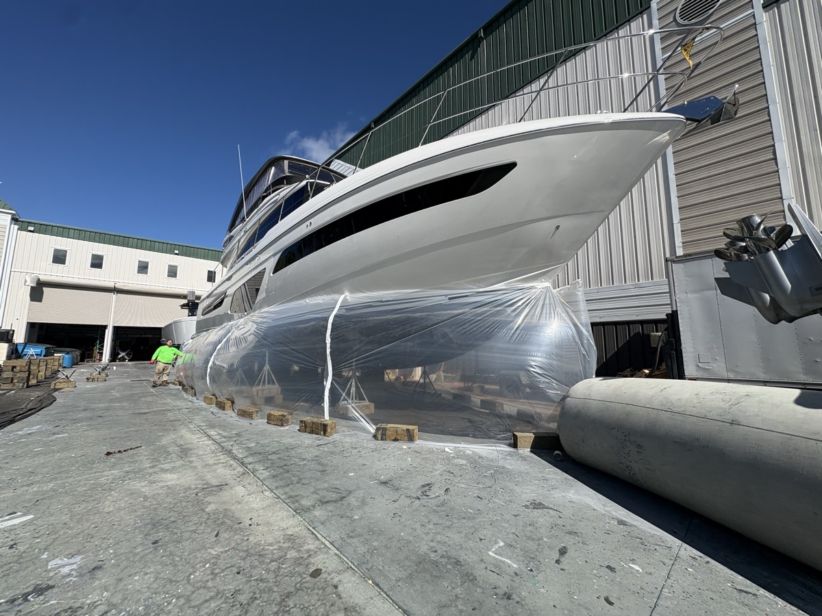 Motor yacht hull bottom prepped